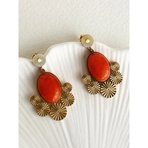 Turuncu Taşlı Vintage Çelik Küpe Çok Renkli