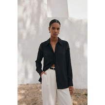 Sateen Dantel Detaylı Gömlek - Siyah-137644