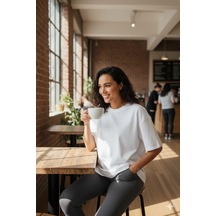 Hvç Kadın Oversize Geniş Kesim %100 Pamuk Yumuşak Dokulu Basic Bisiklet Yaka Siyah Tişört Beyaz