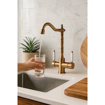 Rena Design Rustik Mat Gold Aritmali 3 Yollu Mutfak Evye Batarya Prinçlüks Musluk Garanti Porselen Kol Armatür