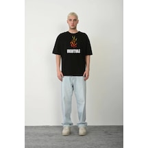 Veraura Lifestyle Unisex Bisiklet Yaka Baskılı Oversize T-shirt - Siyah