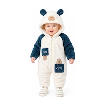 Chicsy Baby Tatlı Ayıcık Nakışlı Bebek Welsoft Tulum Kapüşonlu Kulaklı Fermuarlı Cepli Kışlık Peluş Tulum Lacivert