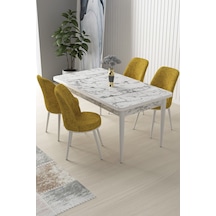 Canisa Nil Serisi 70x110 Sabit Mutfak Masası Takımı Beyaz Mermer Desen Masa 4 Hardal Sandalye Masa Beyaz Mermer Desen Sandalye Hardal