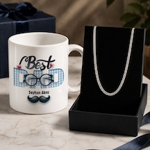 Bk Gift Kişiye Özel Babalar Günü Tasarımlı Beyaz Kupa & Sık Gurmet Zincir Kolye -7, Babalar Günü Hediyesi Gümüş