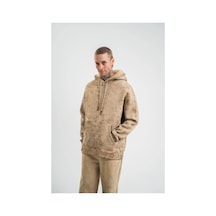 Erkek 3 İplik Pamuklu Oversize Kapüşonlu Yıkamalı Hoodie Sweatshirt - Bej