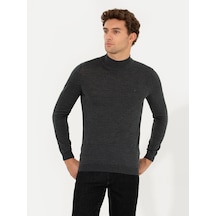 Cacharel Antrasit Melanj Slim Fit Yarım Balıkçı Basic Triko Kazak Gri
