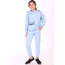 Toontoy Kids Toontoy Kız Çocuk 2'li Takım Baskılı Kapüşonlu Torba Cepli Asimetrik Sweatshirt & Beli Paçası Lastikli Cepli Jogger Eşofman Altı - 2 İpilk Mavi