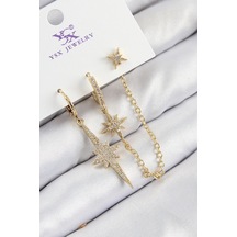 Pirinç Zirkon Taşlı 3'lü Kutup Yıldızı Model Gold Renk Kadın Küpe Çok Renkli