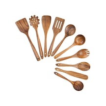 Vkemall Doğal Teak Ahşap Mutfak Gereçleri Seti - 10 Parça, El Yapımı, Toksiksiz, Anti Yapışkan, Mutfak Gerekli Malzeme Kahverengi