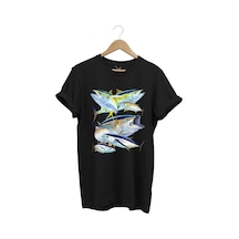 Balık Desenli Gümüş Balığı Baskılı %100 Pamuk Regular Fit Bisiklet Yaka Siyah T-shirt Siyah