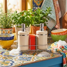 Makri Home 2'li Sıvı Sabunluk Seti, Süngerlikli Ve Stantlı, Beyaz Gümüş Beyaz