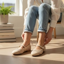Ne&ve Shoes Bej Deri Biye Örgü Detaylı Tokalı Kadın Babet