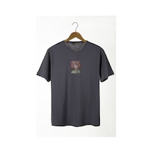 Kadın Antrasit Bisiklet Yaka Önü Anime Kızı Baskılı Oversize T-shirt Antrasit