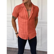 Modefendi Dikey Desen Detaylı Normal Slim Fit Pamuklu Gömlek Turuncu