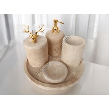Sarı Traverten Klasik Model 5 Parça Gold Renk Geyik Aksesuarlı Banyo Seti Sarı Traverten