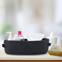 Mavaux Doğal Hasır Görünümlü 15x33x10 Çok Amaçlı Sepet Deri Saplı, Dekoratif Ve Fonksiyonel Organizer Antrasit