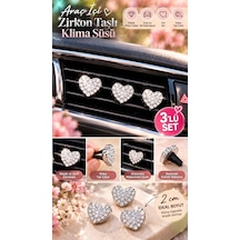 Zirkon Taşlı Kalp Klima Izgara Süsü 3'lü Set 2 Cm Gümüş Renk Araç İçi Dekorasyon