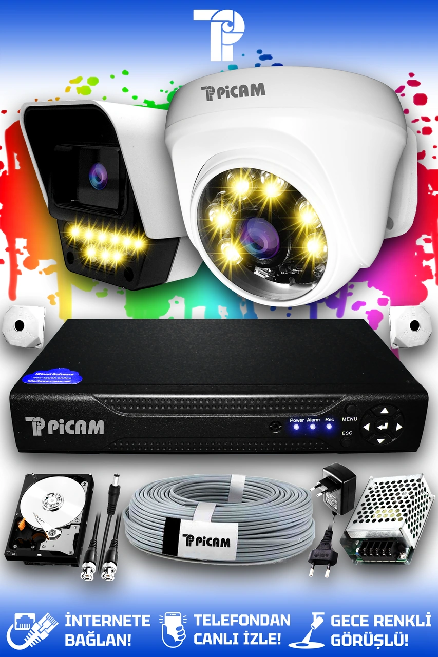 Picam 2 Kameralı Süper 1 İç Kamera Set 100 GB 5 MP 2K Net Renkli Gece Görüşlü Güvenlik Kamerası Sistemi