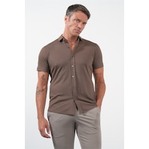 İmza Kahverengi İtalyan Yaka Kısa Kol Cepsiz Slim Fit Pamuklu Gömlek 1004260158 Açık Kahverengi