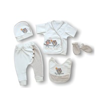 Romantik Çift Baykuş Nakışlı %100 Cotton 5li Zıbın Takımı Hastane Çıkışı Çok Renkli