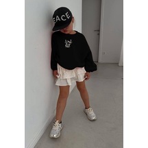 Bandanalı Etekli Tarz Kız Çocuk Takımı Üst Üç İplik Siyah