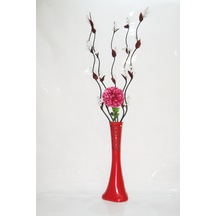 60 Cm Desenli Kırmızı Vazo 5 Adet Üzüm Çiçekler ve Ortanca