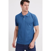 Tudors Erkek Slim Fit Dar Kesim %100 Pamuk Kısa Kollu Polo Yaka Mavi Tişört-50256