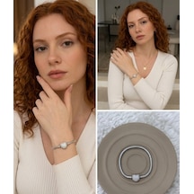 Premium Gümüş Renk Parlak Ve Modern Taş Detay Kalp Figür Zirkon Charm 316l Çelik Bileklik 18cm