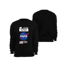 Nasa Baskılı Özel Tasarım Unisex Bisiklet Yaka Sweatshirt Siyah