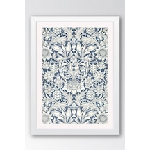 William Morris Mavi Beyaz Botanik Desenli Çerçeveli Tablo Şık Vintage Duvar Sanatı Viktorya Serisi Beyaz