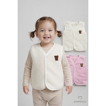 Babyden's 2 Li Welsoft Yelek Seti Kız Bebek Çocuk Ayıcık Armalı Peluş Yumuşak Kışlık Yelek Ekru - Pembe