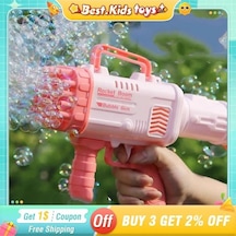 Pilli Roket Atar Köpük Tabancası 32 Delikli Bazooka Bubble Machine - Pembe Pembe