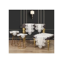 Salon Takımı 5 Parça Keten Dantelli Masa Örtüsü Runner Seti Çeyizlik Kayla Model Krem-gold Bzckh619 Çok Renkli