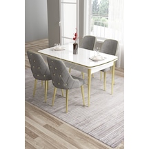 Canisa Tia Serisi Mdf 80x132 Açılabilir Beyaz Gold Detay Yemek Masası Takımı Ve 4 Gri Sandalye Masa Beyaz Sandalye Gri