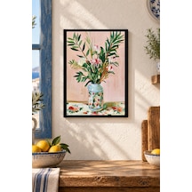 Pembe Zeminde Çiçekli Vazo Desenli Dekoratif Mdf Tablo, Çerçeve Görünümlü Ahşap Poster
