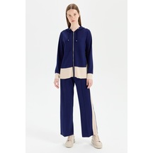 Oysh Kumaş Fermuar Kapamalı Kapişonlu Pantolonlu Takım Laci Lacivert