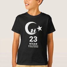 Barlashive Çocuk 23 Nisan Ulusal Egemenlik Ve Çocuk Bayramı Baskılı Bisiklet Yaka T-shirt - Siyah Çok Renkli
