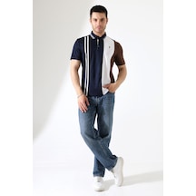 Rıbana Classıc Erkek Çizgili Şerit Detaylı Pamuklu Polo Yaka T-shirt Lacivert