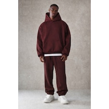 Tarz Cool Erkek Pamuklu Içi Polarlı Kapüşonlu Basic Relaxed Eşofman Takımı Bordo