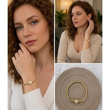 Premium Gold Renk Parlak Ve Modern Taş Detay Kalp Figür Zirkon Charm 316l Çelik Bileklik 18cm Altın
