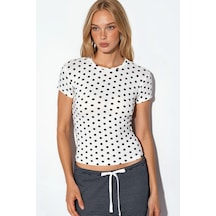 Hiccup Bdart Kadın Puantiyeli Slim Fit Bisiklet Yaka Tişört Tozlu Beyaz