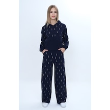 Toontoy Kids Toontoy Kız Çocuk 2'li Takım Taş İşlemeli Kapüşonlu Sweatshirt & Beli Lastikli Bol Paça Cepli Eşofman Altı Lacivert