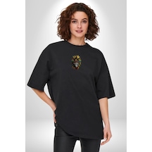 Kurukafa İskelet Kızılderili Tüy Kartal Şefi Siyah Oversize Unisex Ön Orta Minimal Baskılı Tişört Siyah
