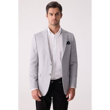 Erkek Açık Gri Regular Fit Keten Karışımlı Mono Yaka Ceket