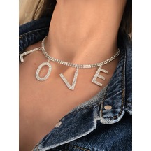 Love Aşk Kristal Taşlı Party Style Gümüş Renk Kolye Silver Çok Renkli
