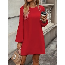 Butik İstanbul Kadın Uzun Kollu Yuvarlak Yaka Mini Ithal Krep Elbise Kırmızı