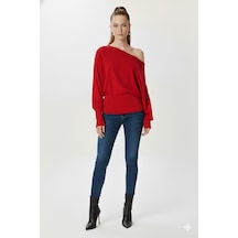 Fiolin Omuzu Açık Off Shoulder Triko Kazak Kırmızı