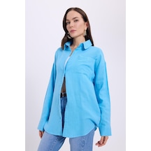Tudors Kadın Oversize Geniş Kesim %100 Pamuk Müslin Kumaş Uzun Kollu Cepli Dokulu Mavi Gömlek-37926