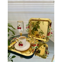 Atabey Home Collection 6'lı Kahve & Çay & Sunum Tepsisi Gold Tepsi Zeytin Dali & Kiraz Modele Uyumlu