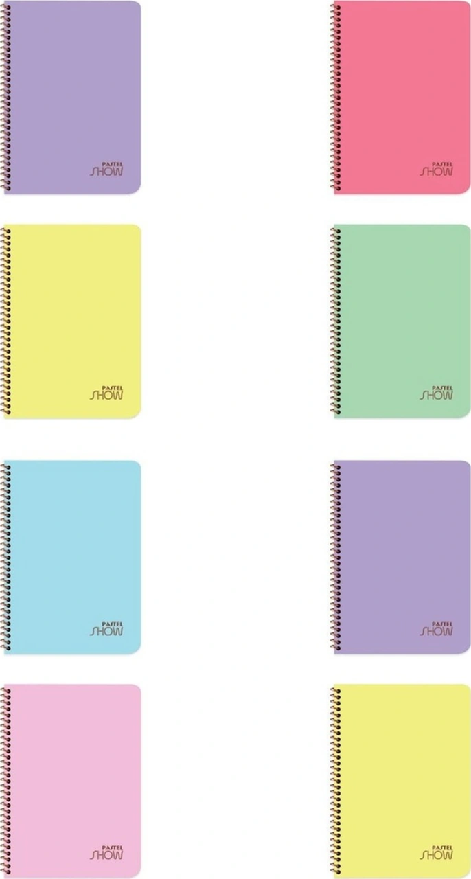 Pastel Show 8'li Paket A4 72 Yaprak 4 Kareli + 4 Çizgili Plastik Kapak Spiralli Defter